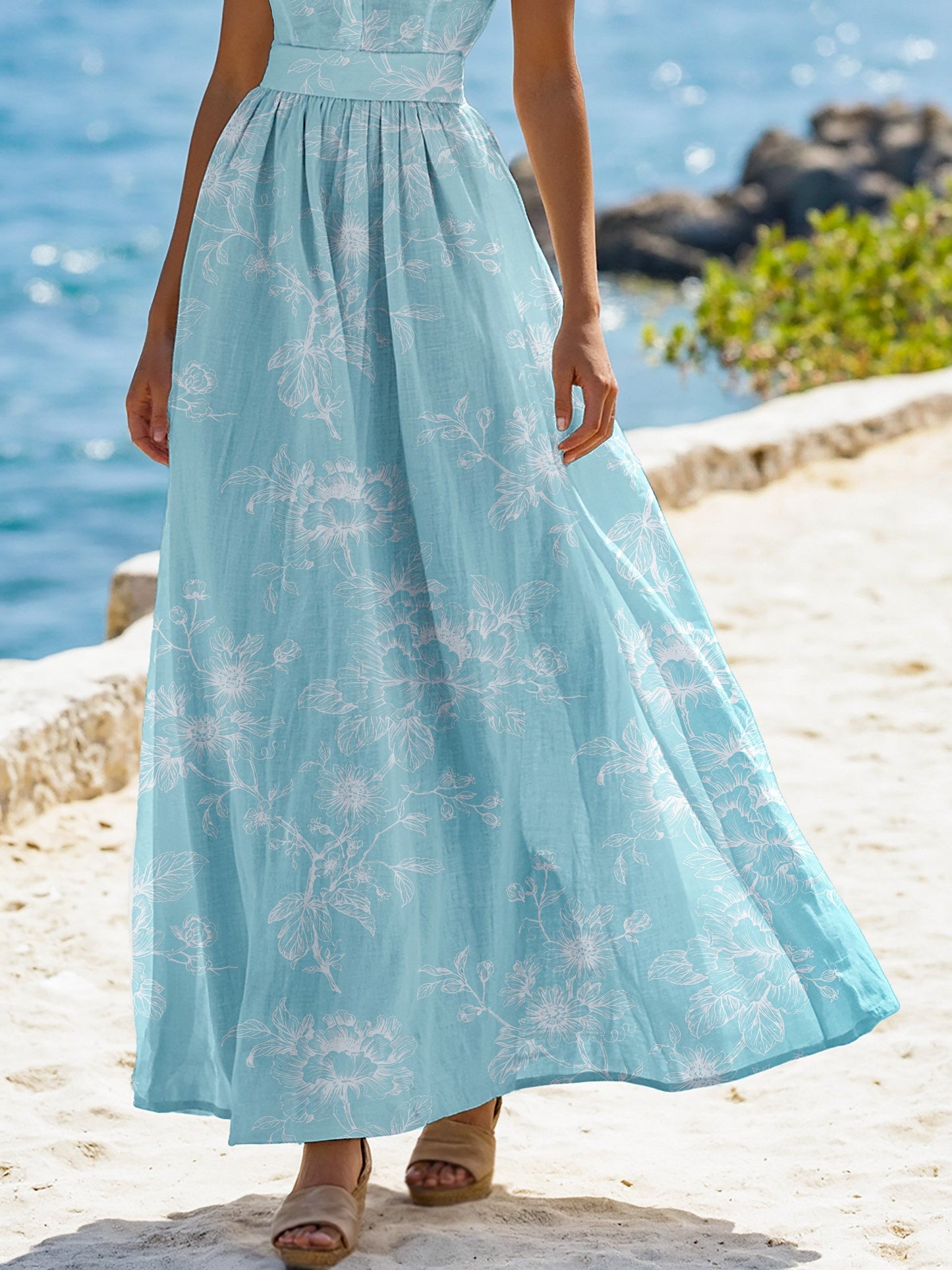 (SIZE:XS-XXL) Maxi Linen Dress , Cap Sleeves, Stand Collar, Floral, Lace, Vintage, Blue