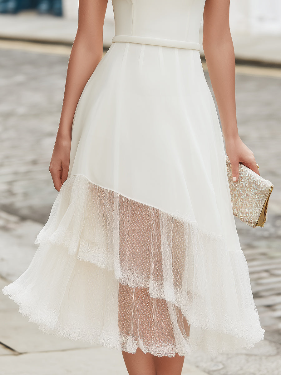 Short Sleeve Asymmetrical Layered Mesh Midi Dress