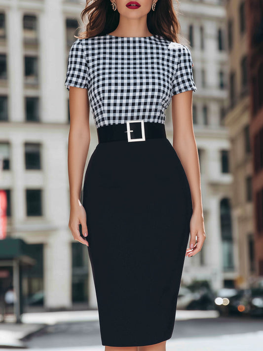 Gingham Top Pencil Dress With Statement Belt