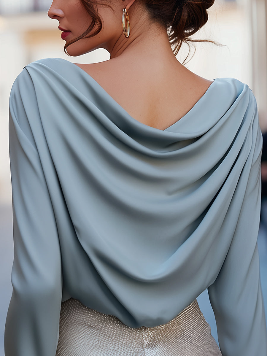 Draped Cowl Neck Blouse With 3/4 Sleeves