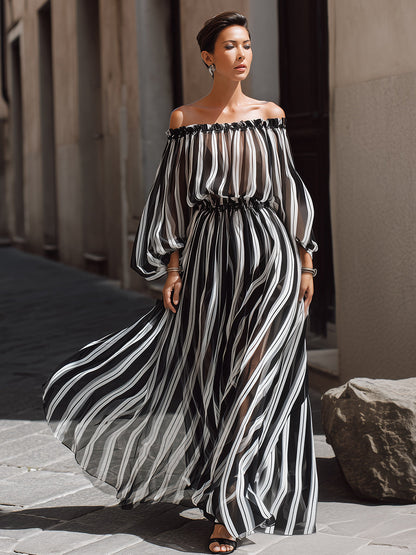 Elegant Off-the-Shoulder Vertical Stripe Chiffon Maxi Dress