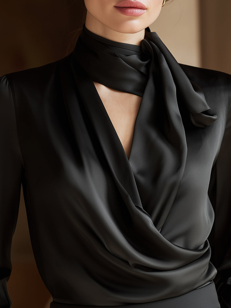 Black Draped Silk Blouse With Neck Tie Detail