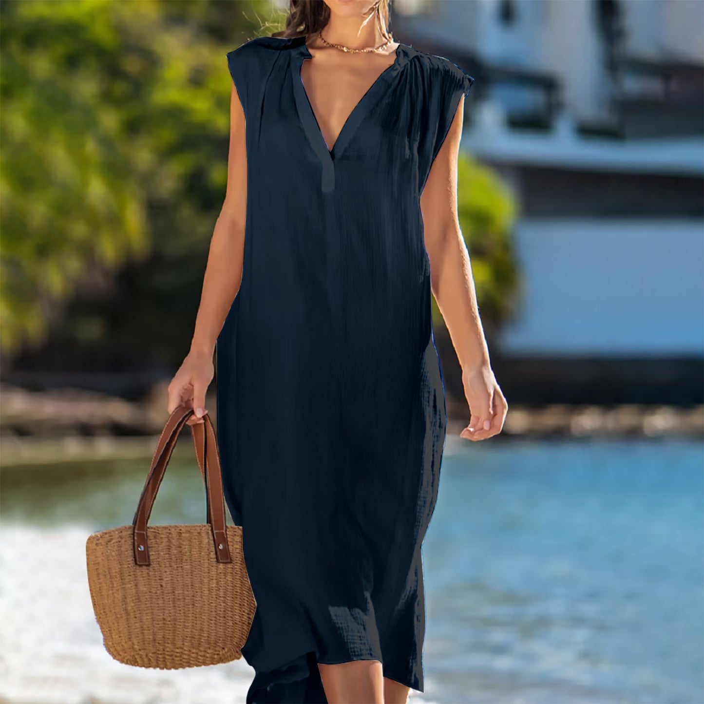 Cotton and Linen Sleeveless V-neck Waist Dress