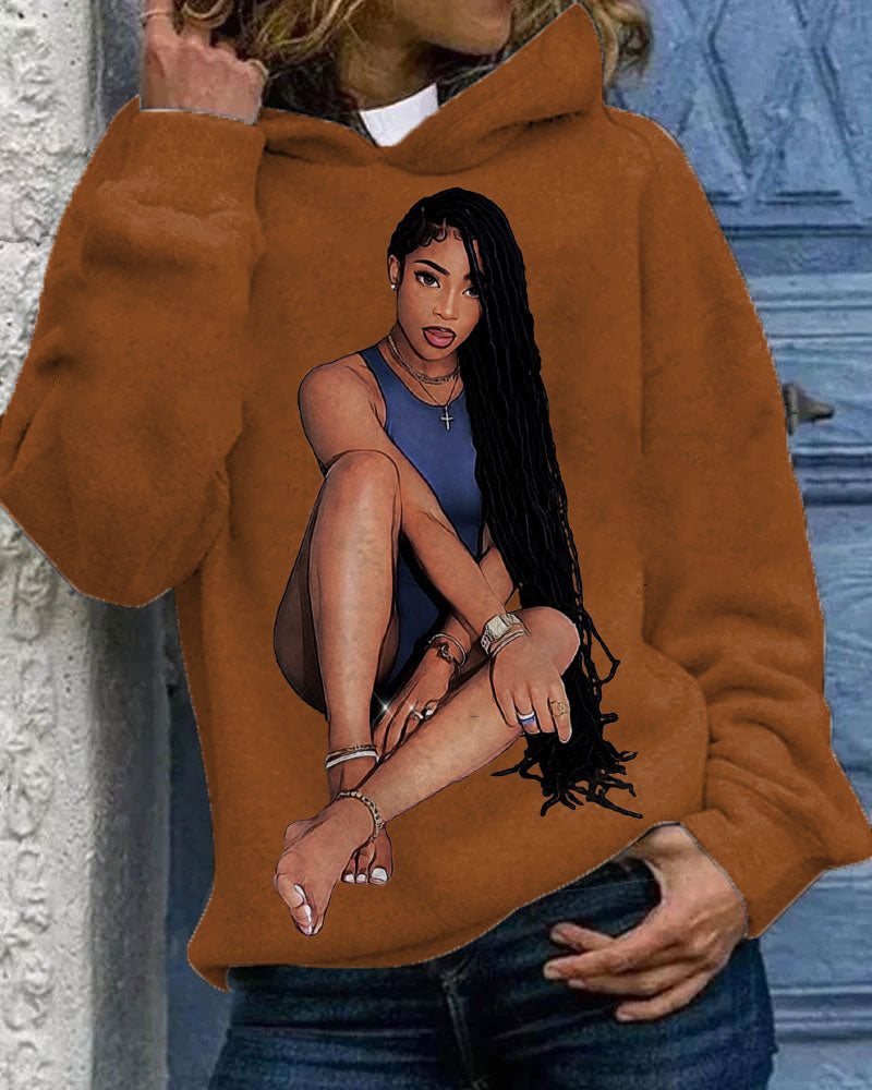 Brown Woman Long Braids Long Sleeves Hoodie