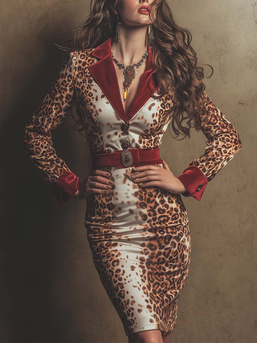Vintage Glam Leopard Blazer Dress With Red Accents