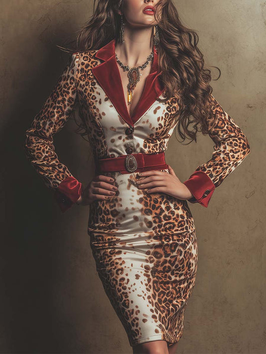 Vintage Glam Leopard Blazer Dress With Red Accents