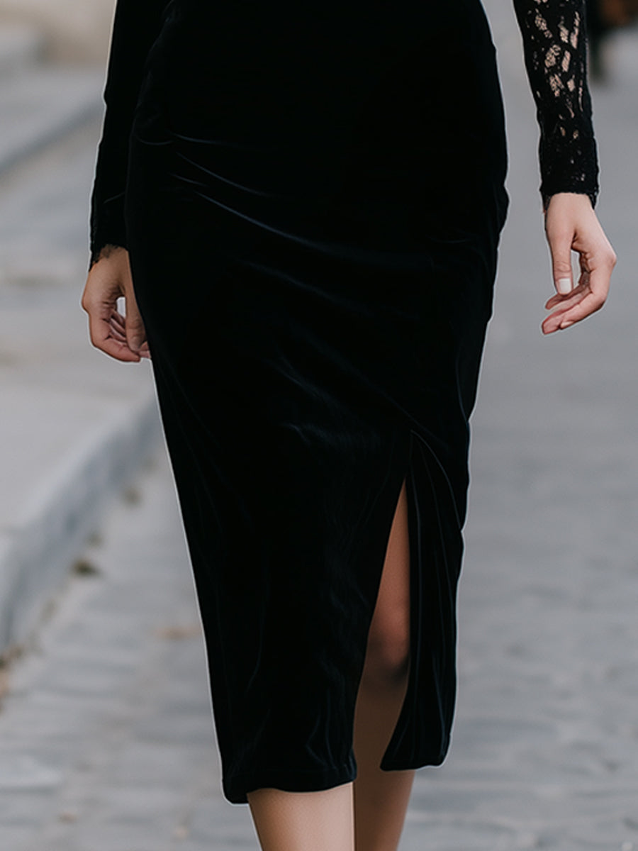 High-Neck Lace Panel Velvet Midi Dress