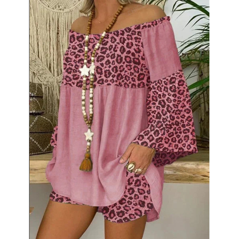 Plus Size Leopard Splicing Loose plus Size Cotton and Linen Suit