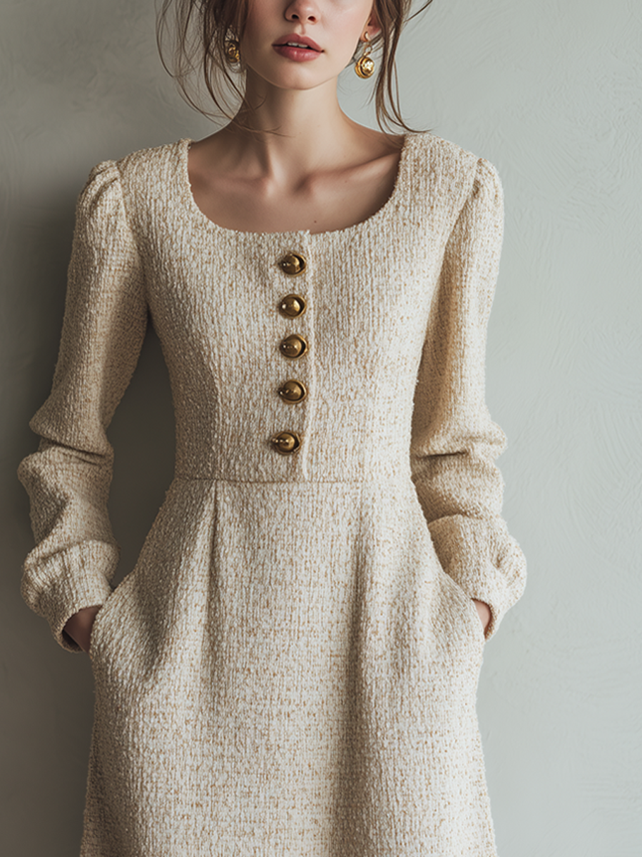 Vintage Tweed Button Long Sleeve Midi Dress