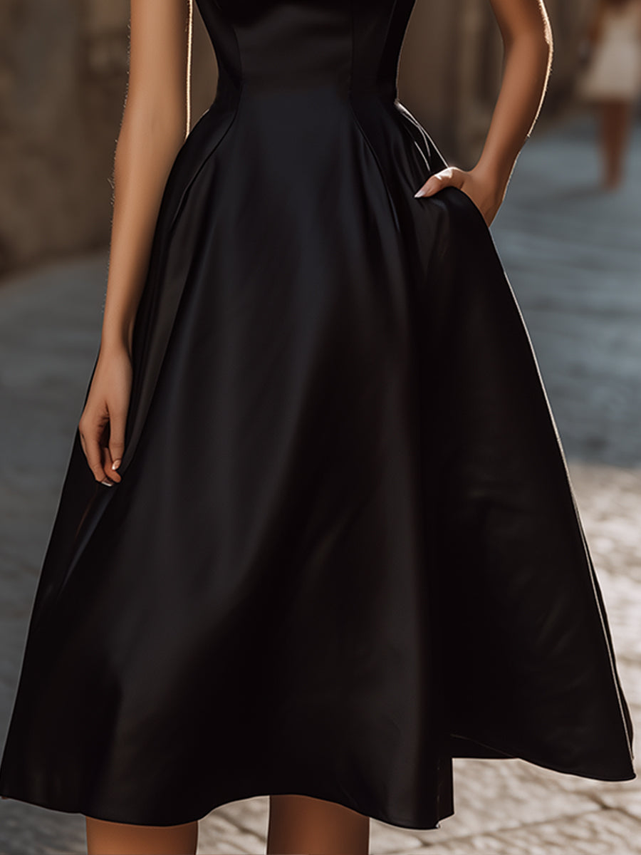 Elegant Sweetheart Neckline Black Midi Dress With Wide Straps