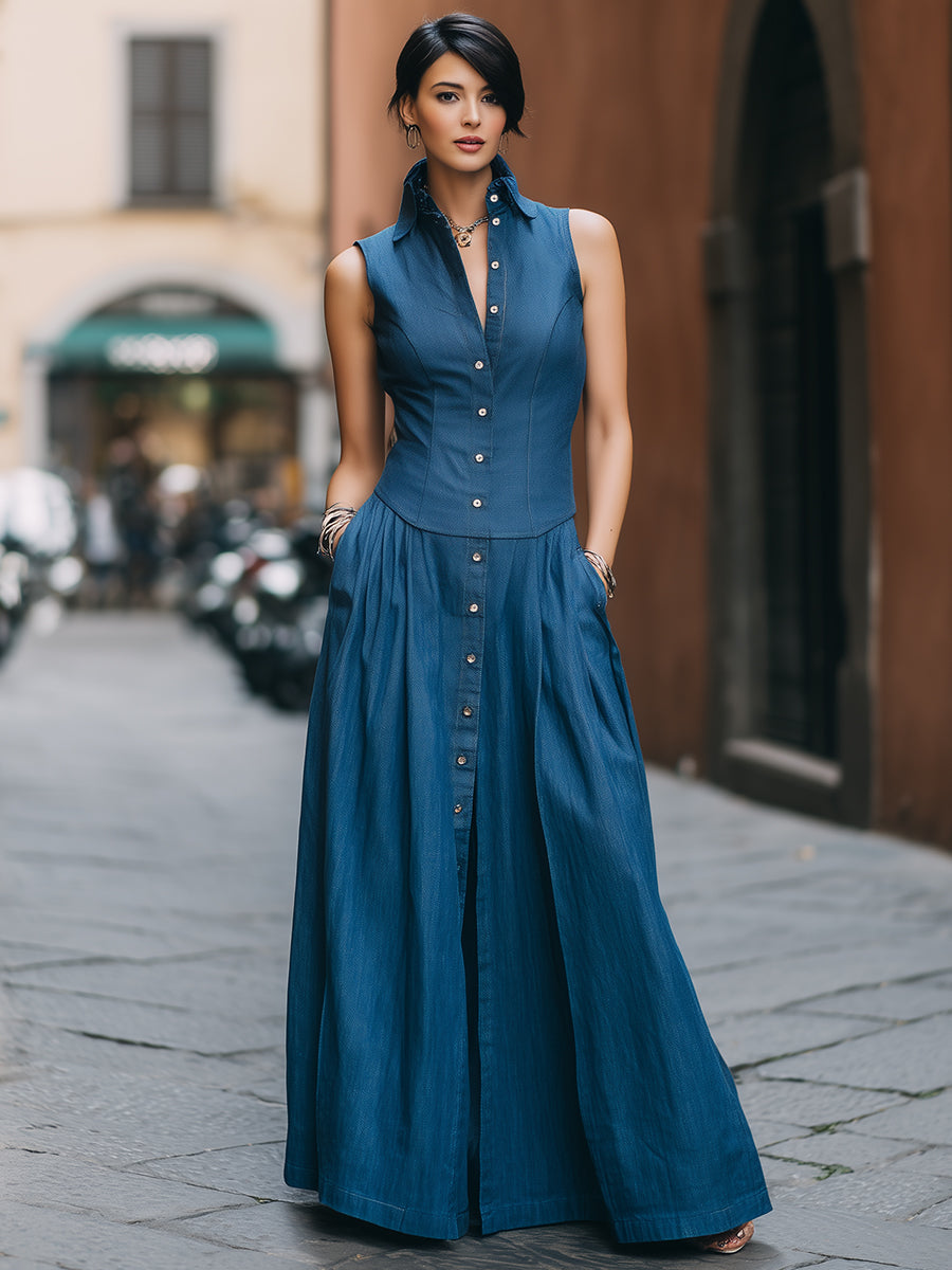 Sleeveless Faux Denim Button-Front Maxi Dress With Tailored Bodice