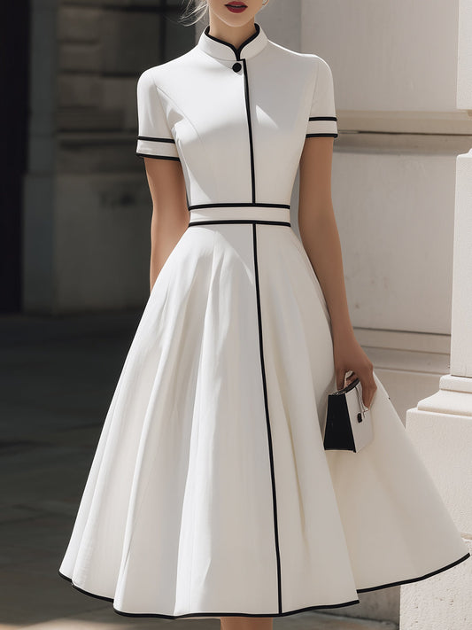 Timeless Contrast-Piped Mandarin Collar Midi Dress