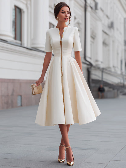 Short Sleeve Zip-Front Fit And Flare Midi Dress
