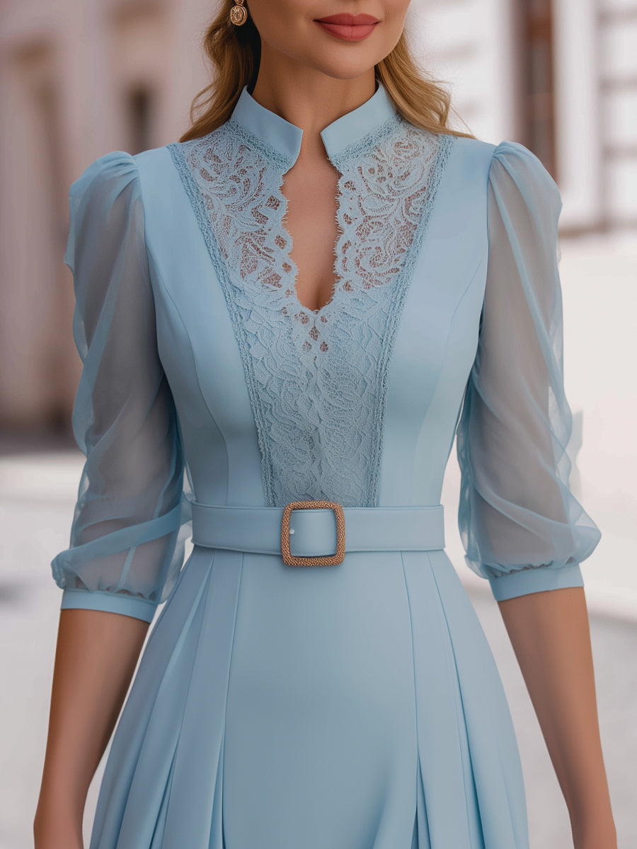 Lace Panel Belted Midi Dress With Sheer Puff Sleeves