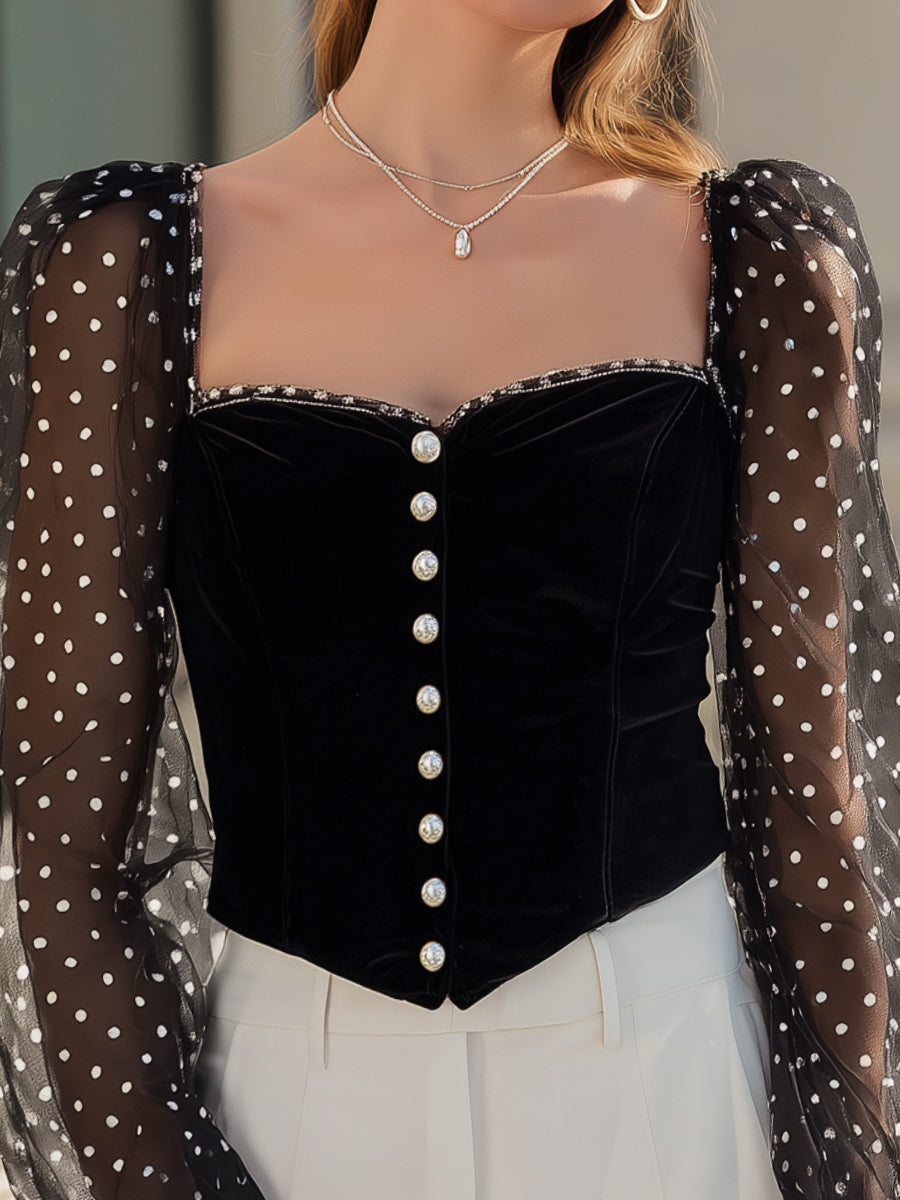 Black Velvet Corset Top With Polka-Dot Mesh Sleeves