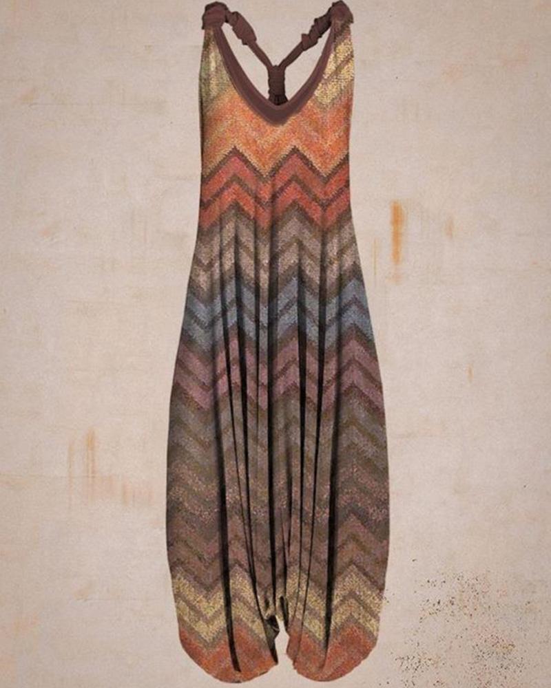 Casual striped ethnic print loose jumpsuit