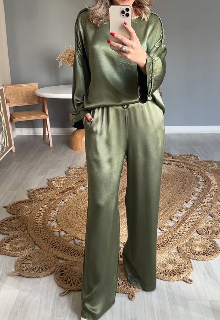 Satin Crew Neck Long Sleeve Two-piece Suit