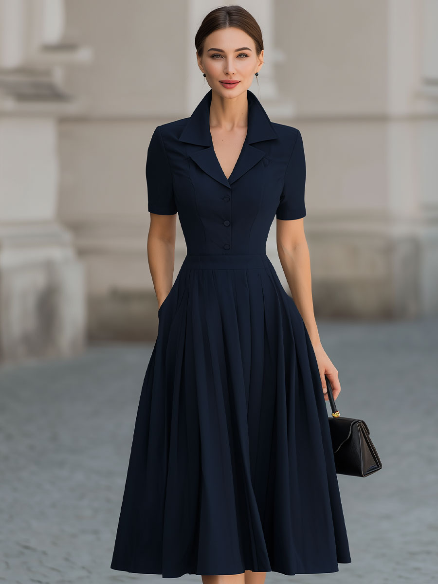 KSXTXX Presents The Deep Navy Shirt Collar Fit-and-Flare Midi Dress
