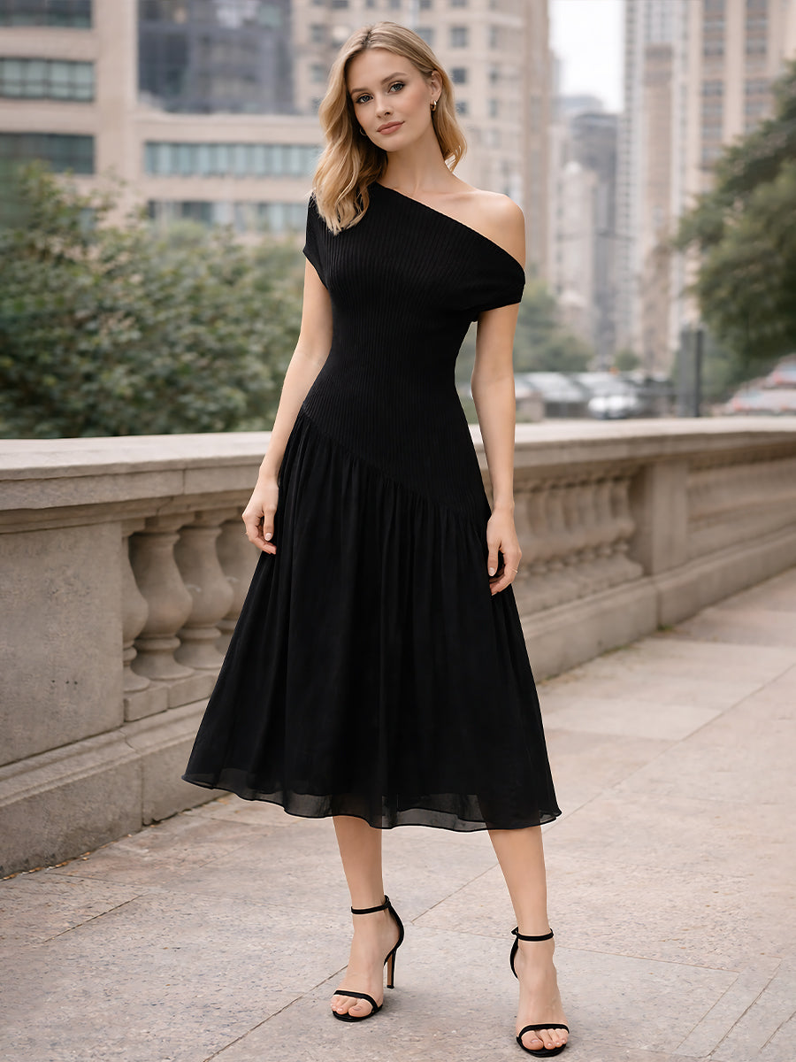 One-Shoulder Ribbed Bodice Asymmetrical Midi Dress