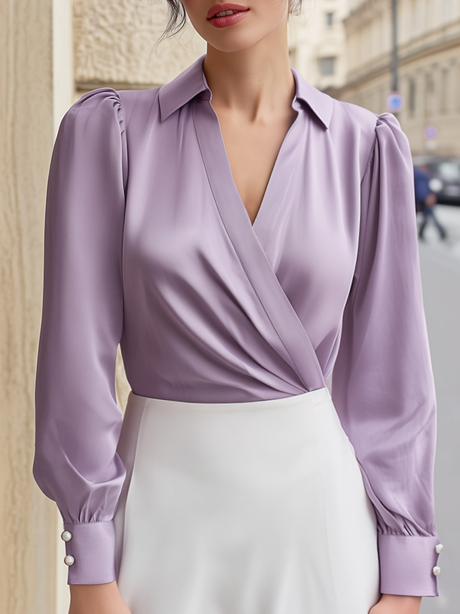 Elegant V-neck Satin Blouse With Puff Sleeves