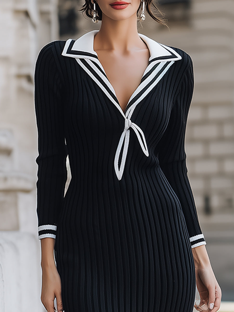 Nautical Ribbed Knit Midi Dress With Contrasting Sailor Collar