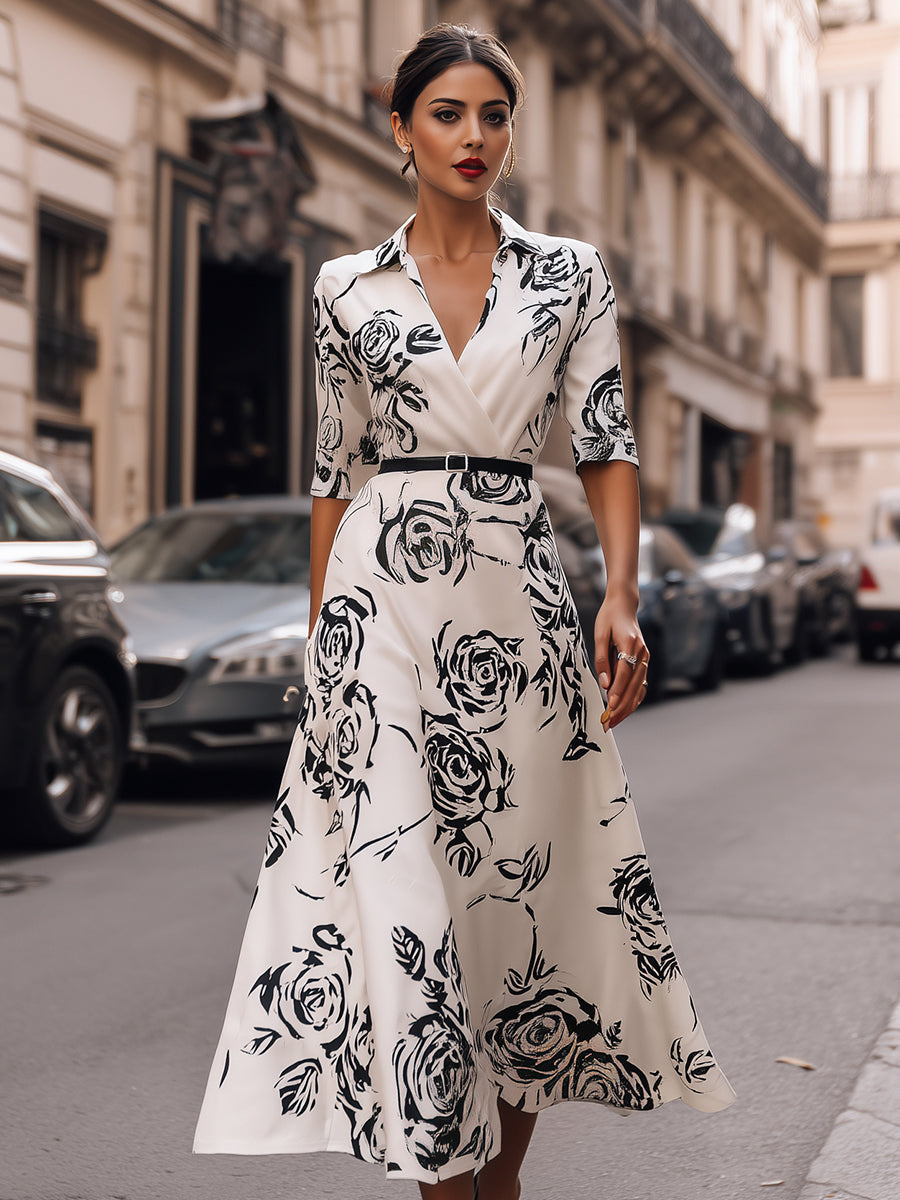 Elegant IRose Print Belted Wrap Midi Dress