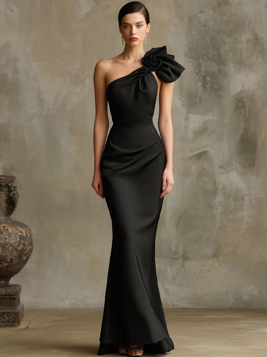 Black One-Shoulder Satin Gown With Sculpted Floral Accent