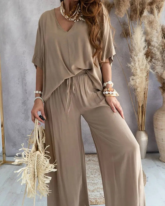 V-neck cotton lace casual suit