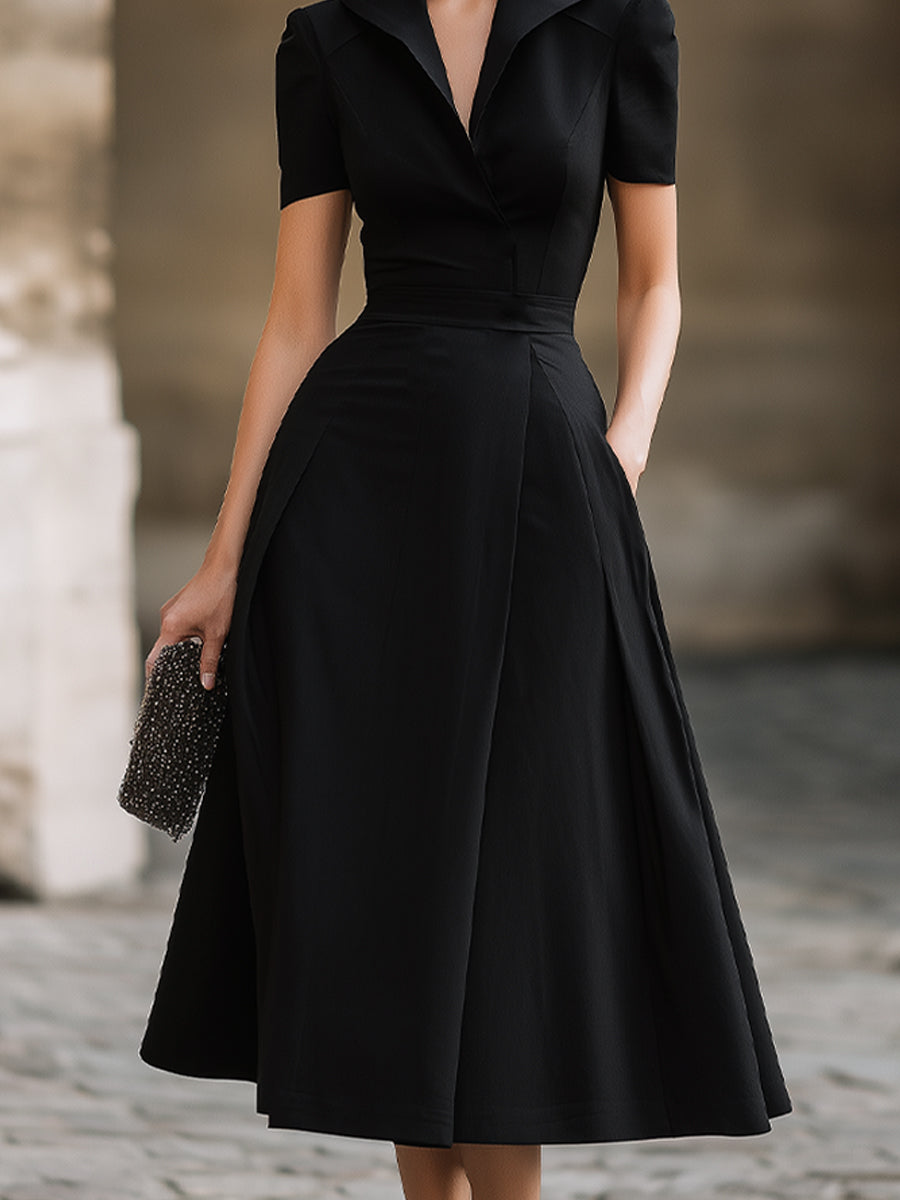 Short-Sleeve Notched Collar Midi Dress