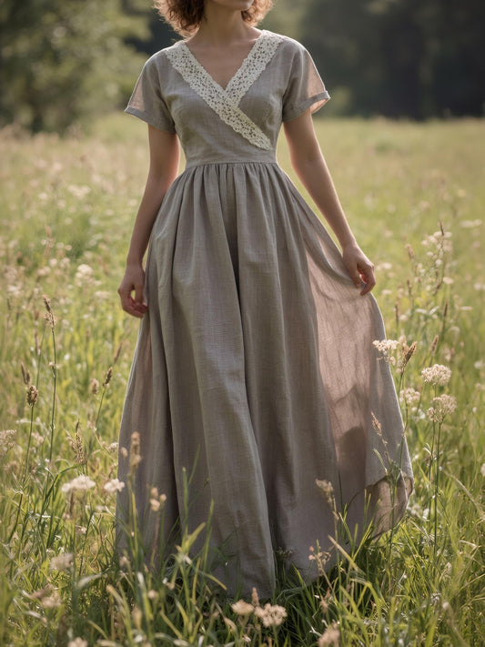 Linen Maxi Dress, Short Sleeve, V neck, Plain, Vintage, Gray-brown