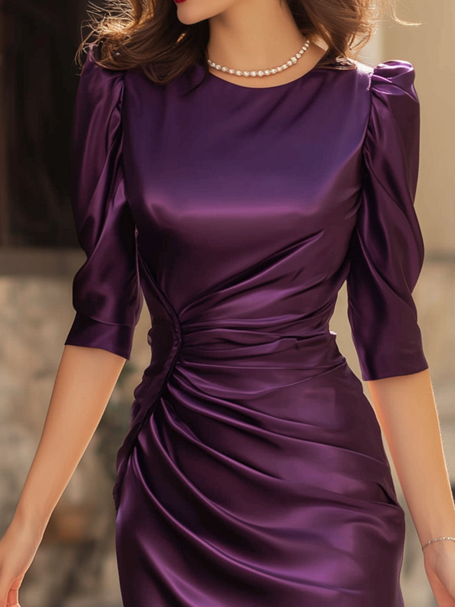 Elegant Purple Satin Ruched Midi Dress With Puff Sleeves