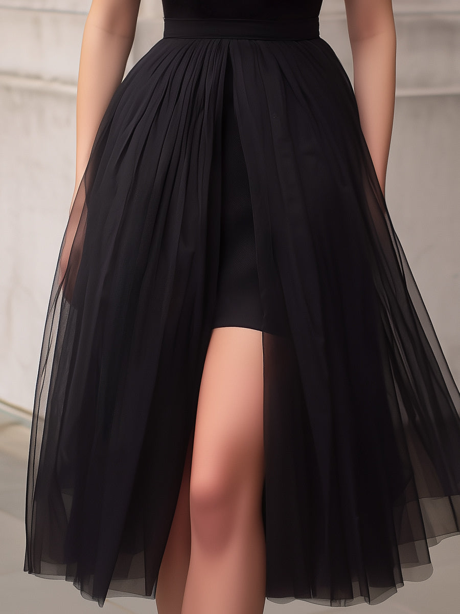 Off-Shoulder Sheer Illusion Tulle Midi Dress