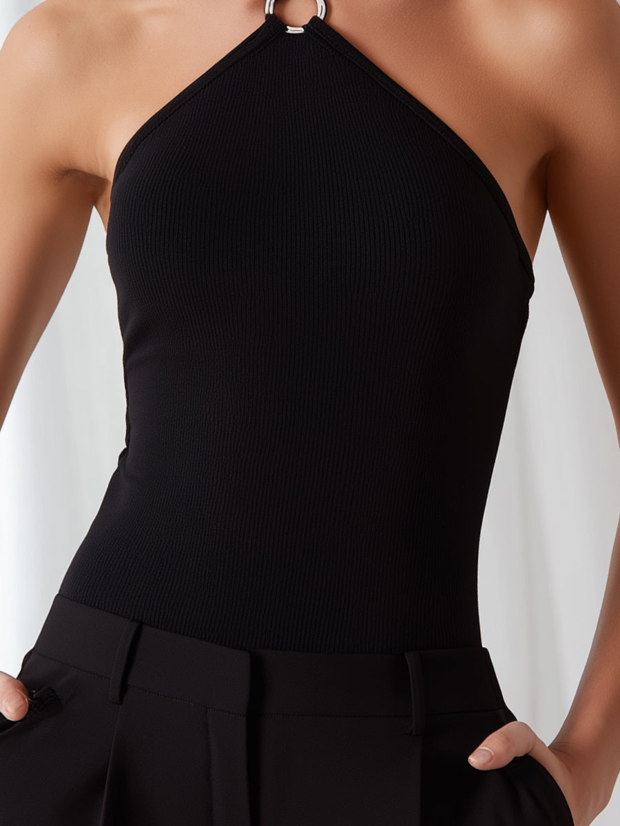 Black Halter Neck Ribbed Top With Metal Ring Detail