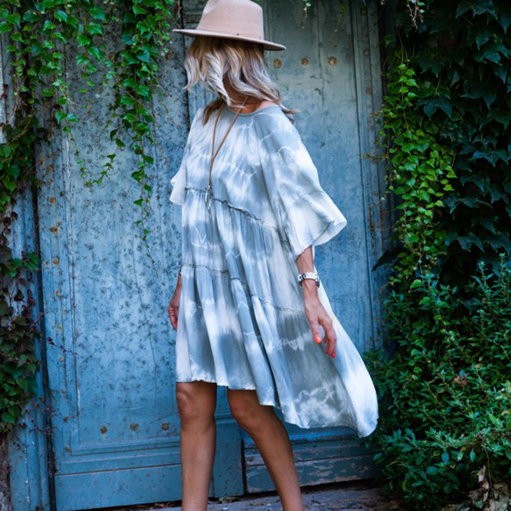 round Neck Shirt with Half Sleeve Tie-Dye Loose Dress