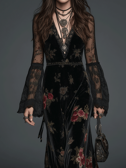 Midnight Romance Enchanting Floral Velvet Maxi Dress for Mystic Vacations