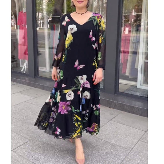 Elegant Floral Deep V-neck Half Sleeve Boho Dress