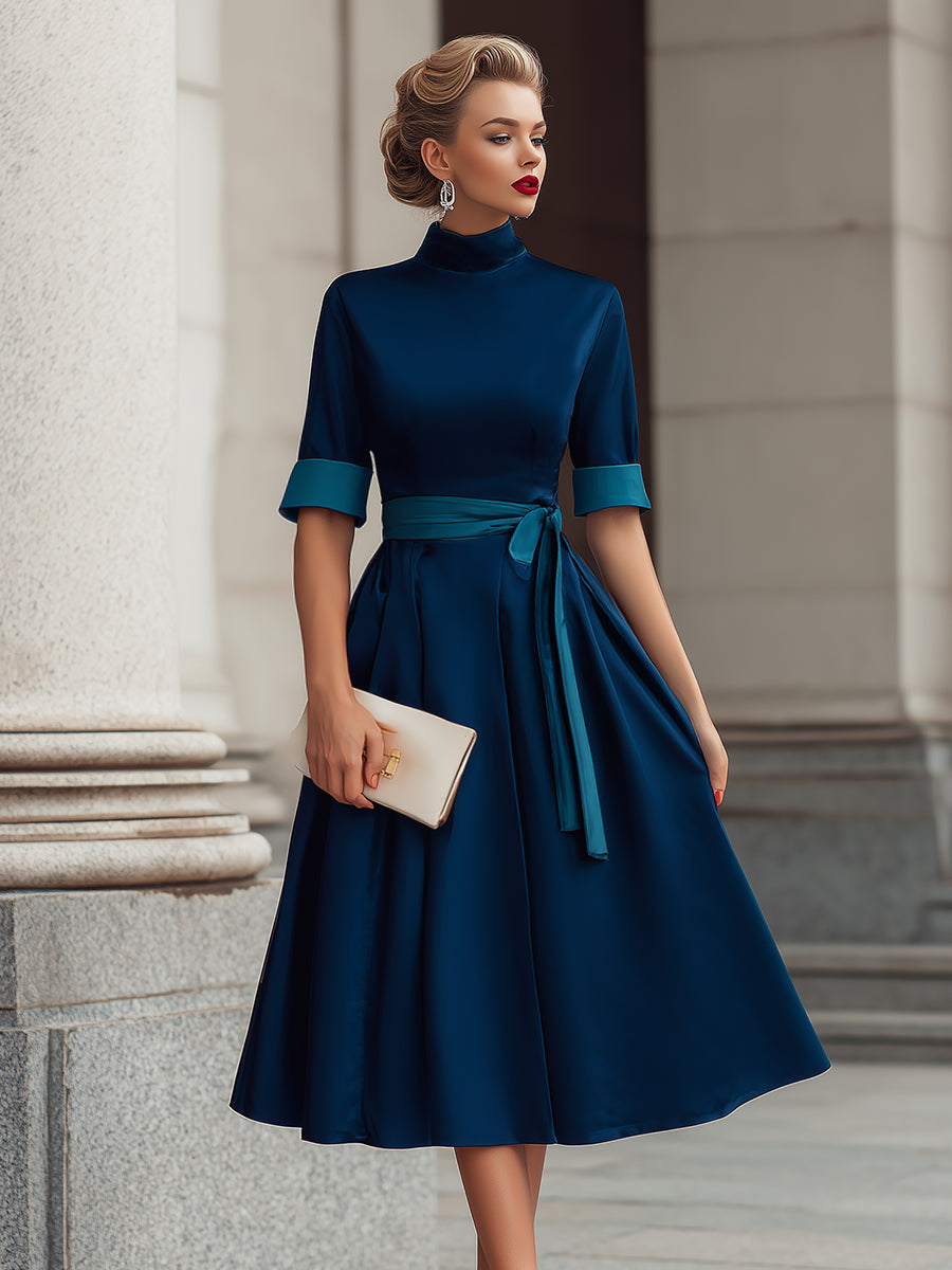High-Neck Belted Midi Dress