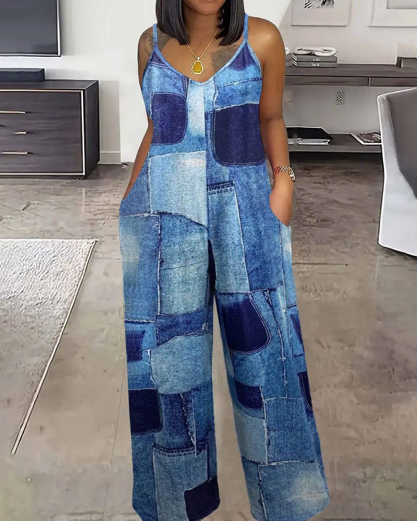 Women's Casual Crew Neck Denim Color Block Stitching Jumpsuit