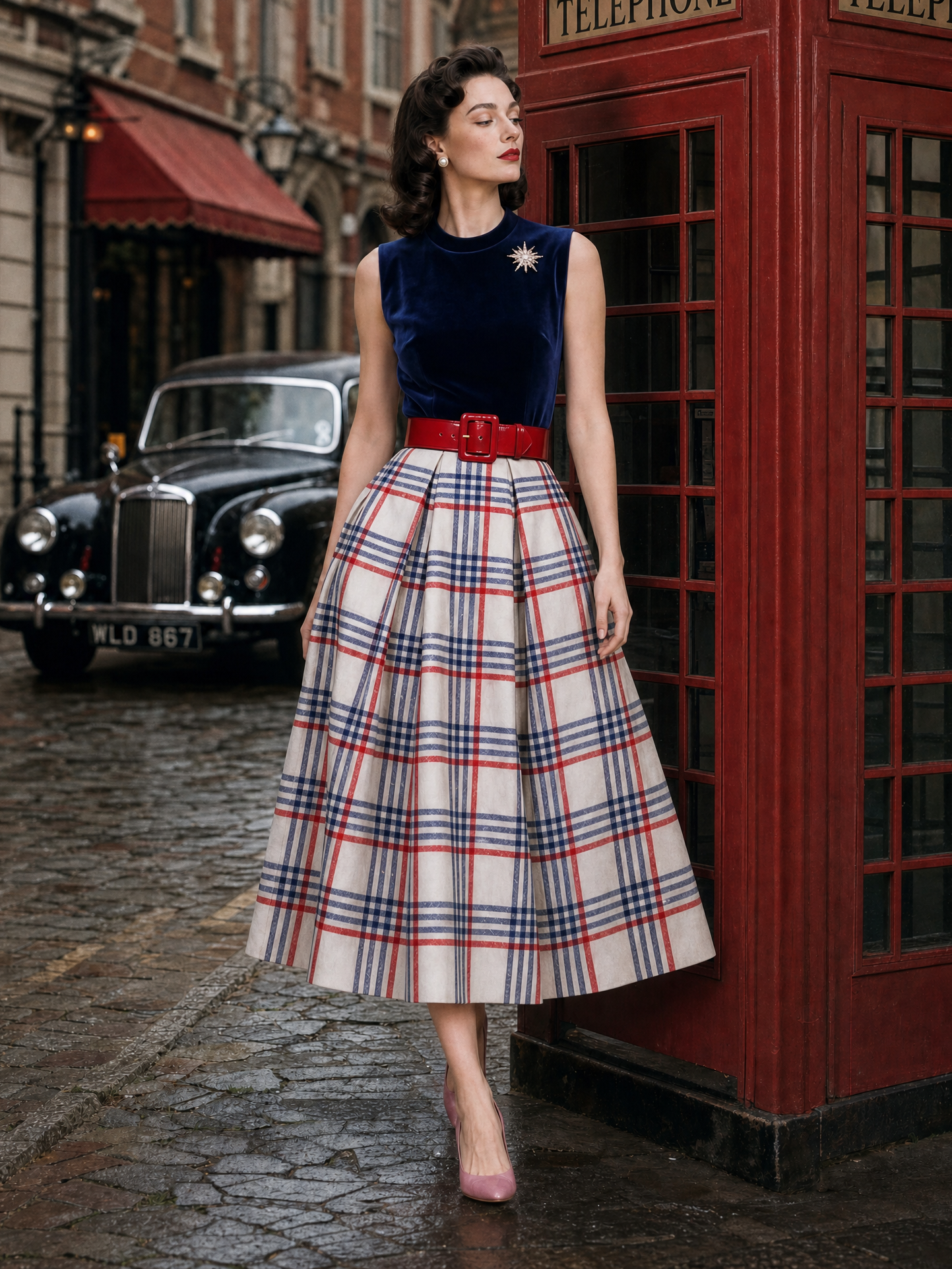 Vintage Plaid Velvet Spliced Dress & Short Coat Two-piece Set