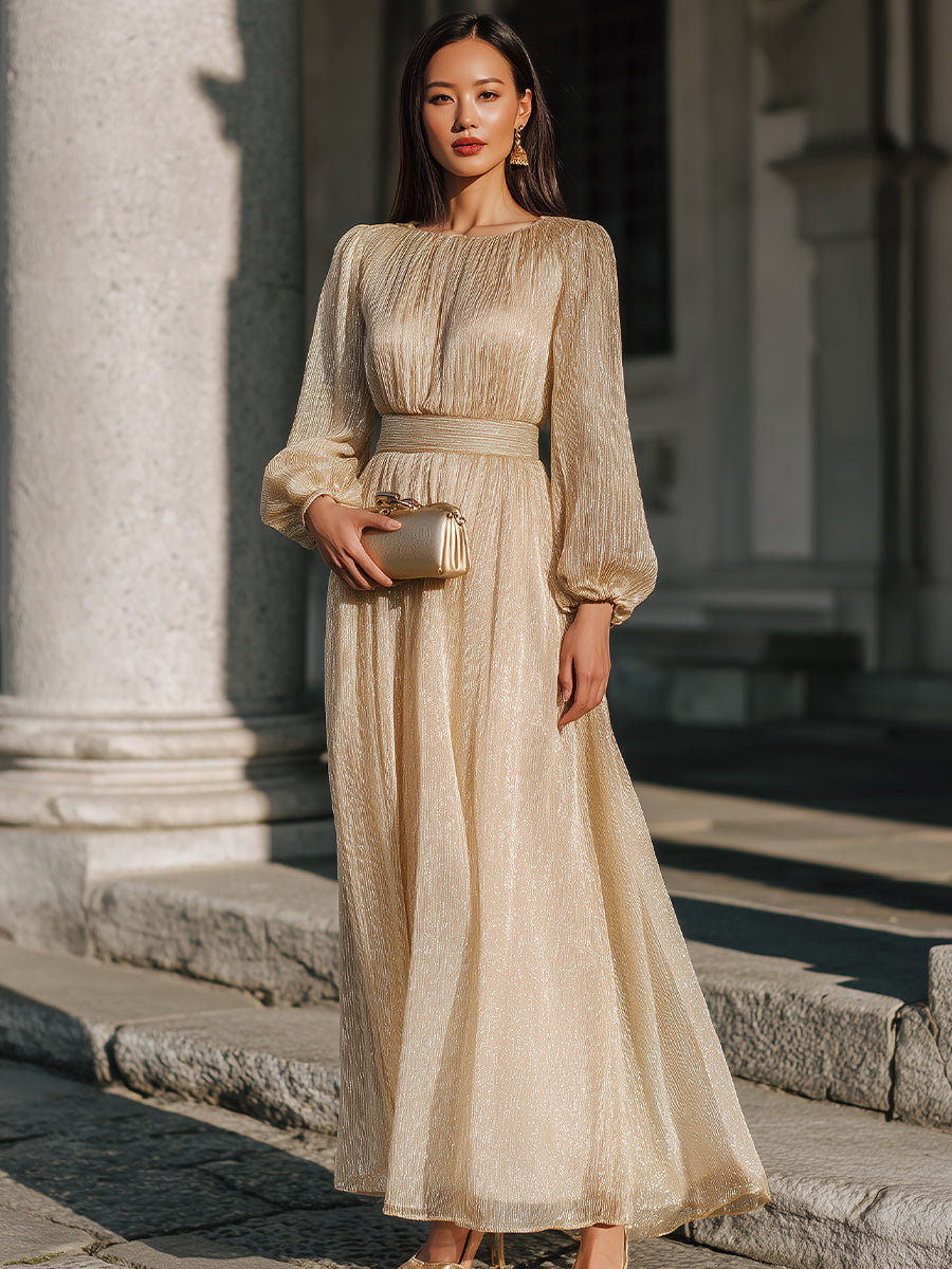 Elegant Long-Sleeve Pleated Waist Maxi Dress