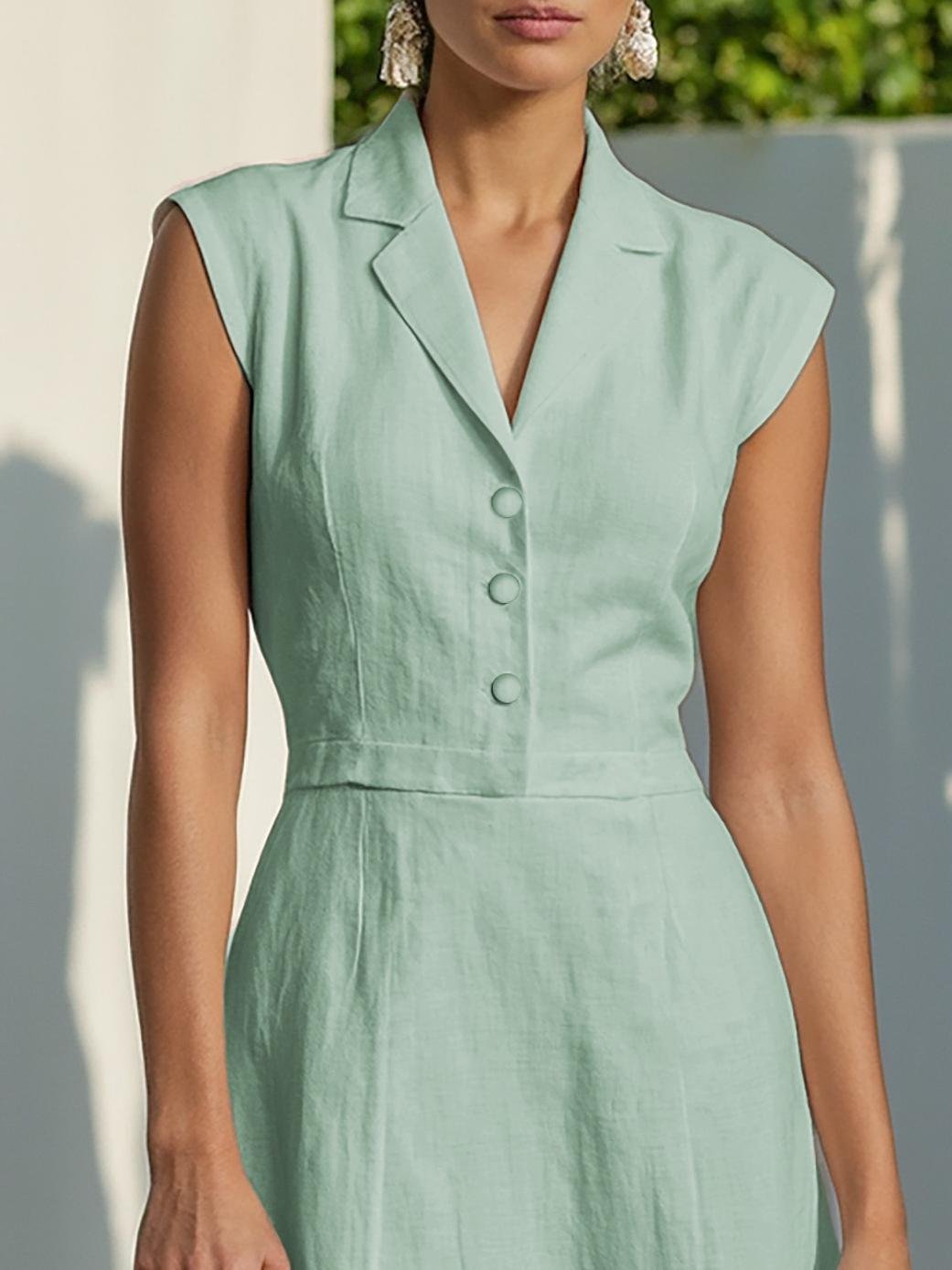 Maxi Cotton Dress , Cap Sleeves, Shawl Collar, Plain, Button Design, Vintage,  Light Green