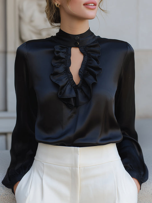 Black Satin Keyhole Ruffle Blouse