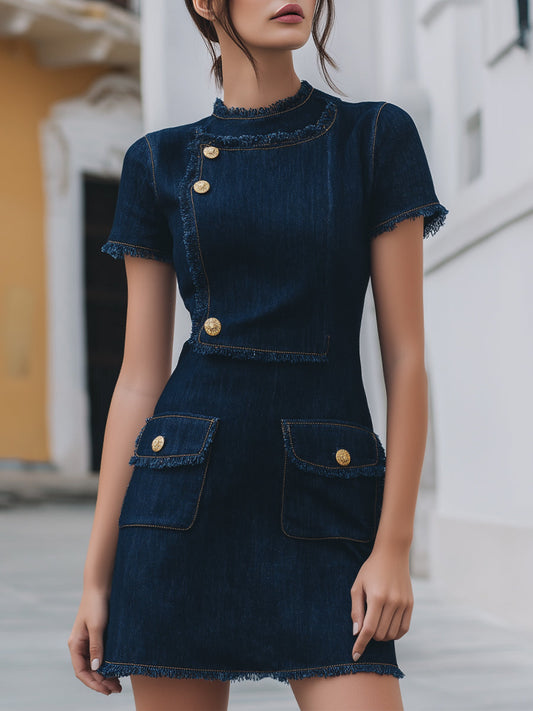 Structured Frayed-Edge Buttons Denim Mini Dress