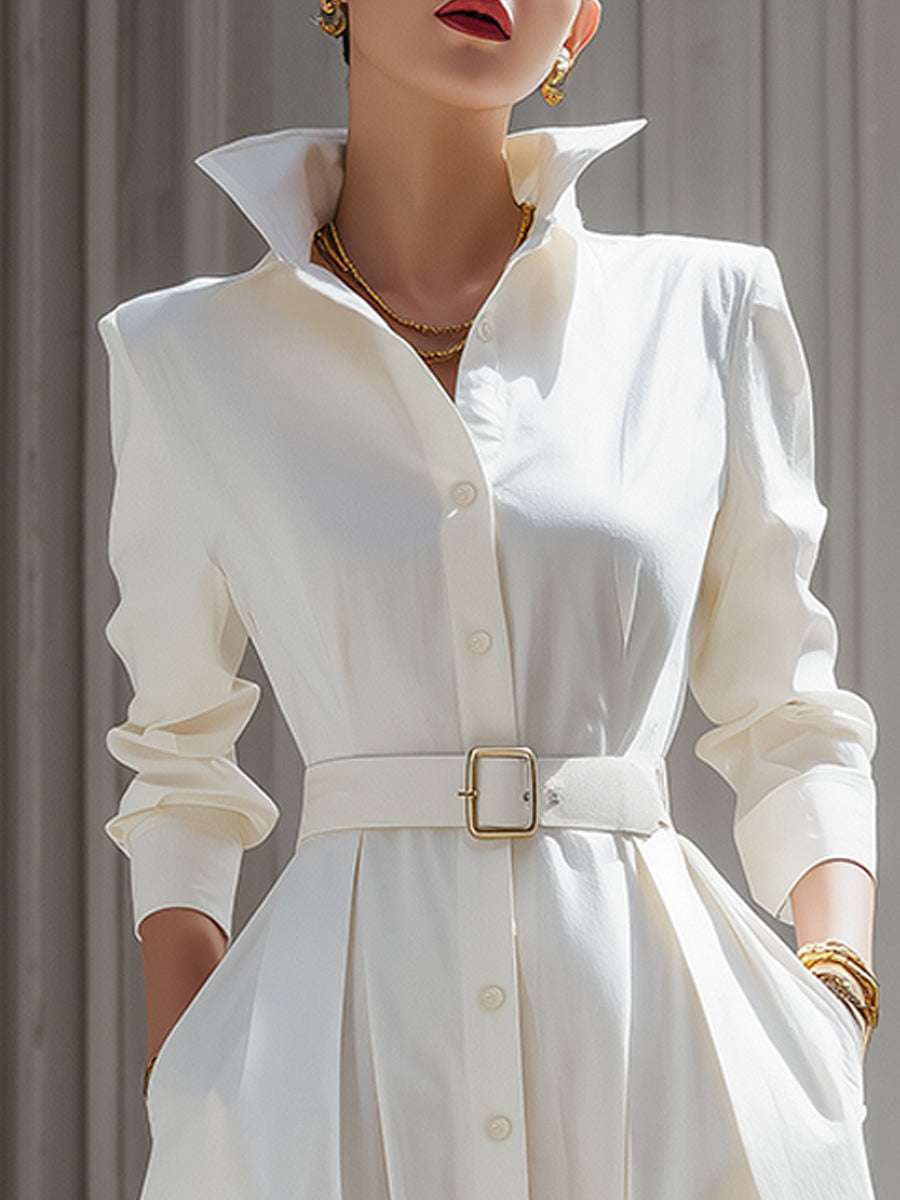 Elegant Shirt Dress With Belted Waist And High Collar