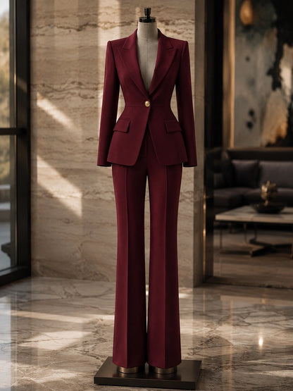Burgundy Tailored Blazer & Flared Trouser Suit Set – Office to Dinner Power Look