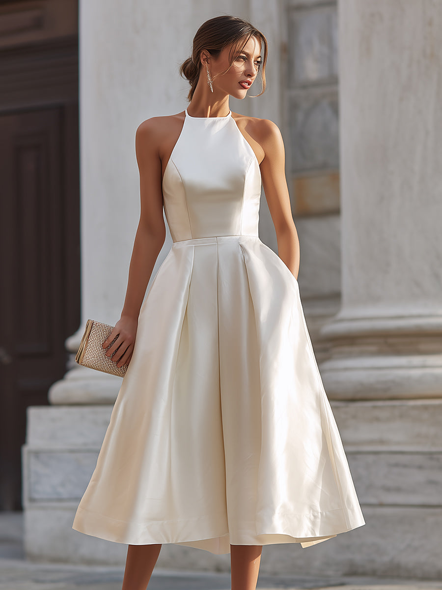 Halter-Neck Pleated Midi Dress