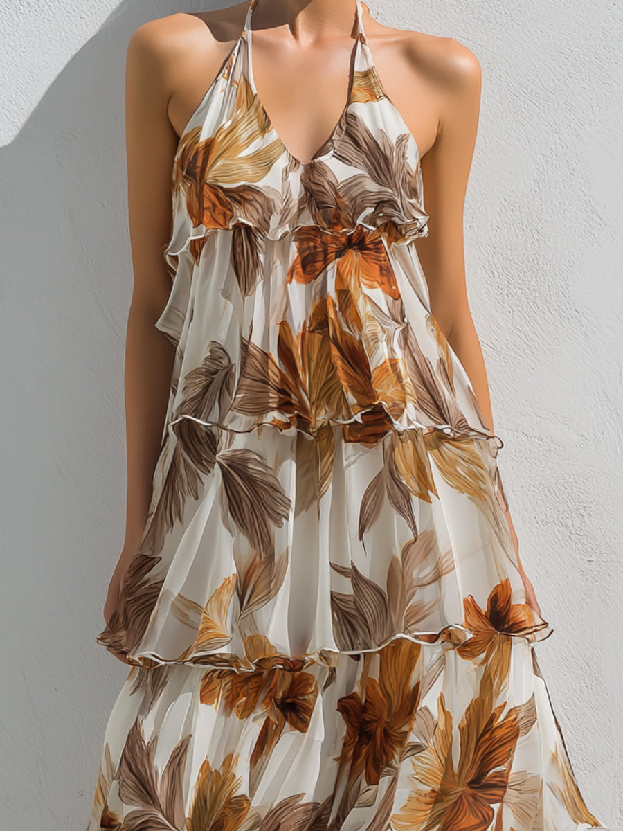 Floral Halter Tiered Maxi Dress With Soft Ruffle Layers