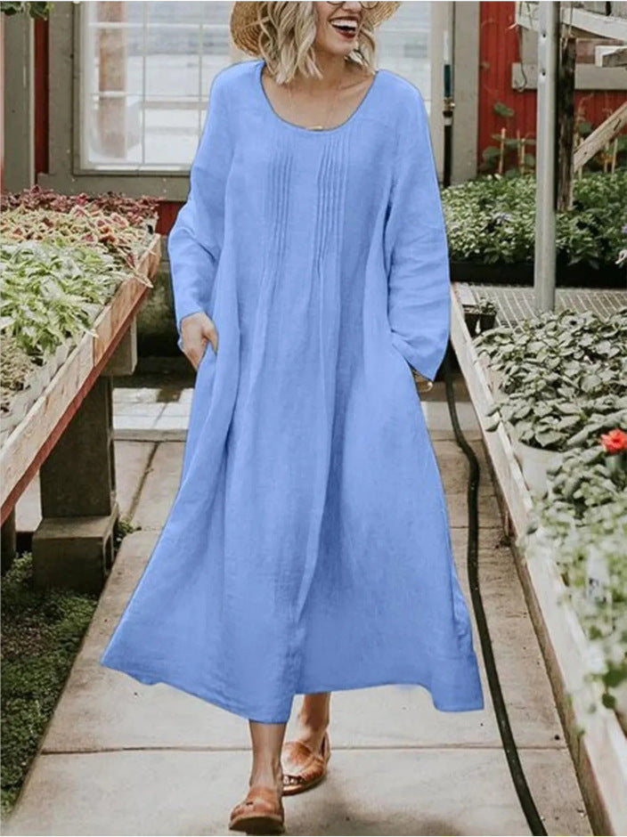 Plus Size Autumn Pleated Pocket Solid Color Long Sleeve Cotton and Linen Dress