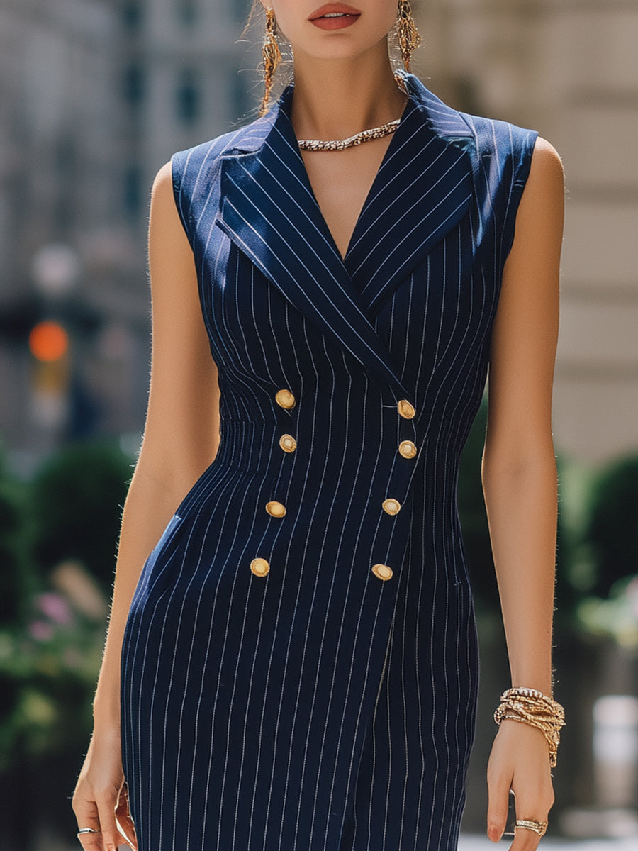 Sophisticated Pinstripe Sleeveless Double-Breasted Midi Blazer Dress