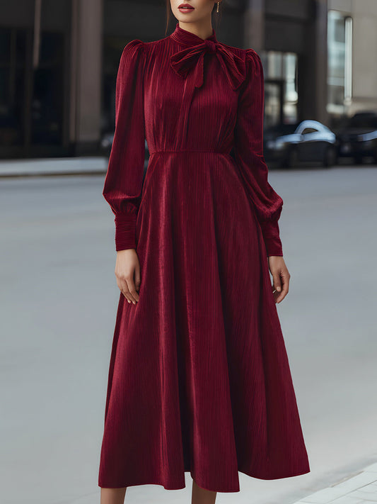 Velvet Pleated Bow-Neck Midi Dress